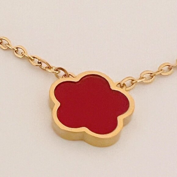 18K Gold Plated RED Clover Necklace 5 Petals stainless steel Womens jewelry - Picture 6 of 10